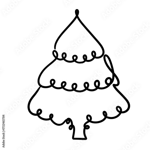 Christmas Tree Line Art, Hand Drawn Xmas Outline Illustration, Holiday Decoration Vector