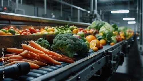 Vibrant Harvest of Fresh Vegetables and Fruits on an Industrial Conveyor Line