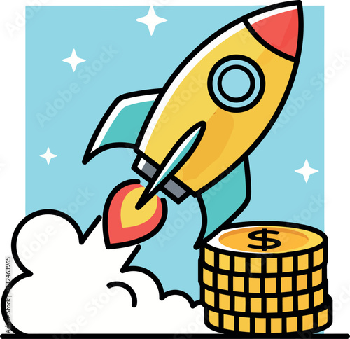 Rocket Launch Over Coins Pile Navigating Recession with Innovation and Financial Strategy for Success