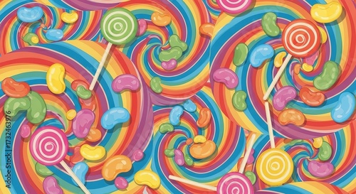 Vibrant rainbow swirl background bursting with colorful jelly beans and lollipops creating a playful, sweet confectionery dreamscape