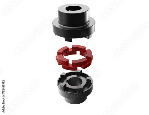 Precision Engineering Exploded: Flexible Jaw Coupling with Metallic Hubs and Red Elastomeric Spider. Crucial for Power Transmission, Vibration Control, and Smooth Rotation in Industrial Equipment.