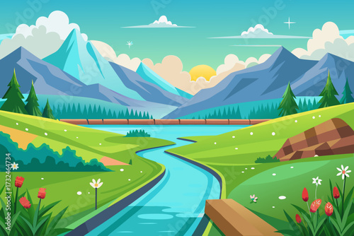 Serene mountain vista unfolds with winding river, vibrant meadows, and sunlit skies creating a peaceful, idyllic natural escape.