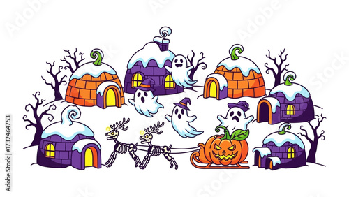 Halloween Fantasy Town: A whimsical illustration depicts a festive Halloween scene, with cartoonish igloo-shaped houses topped with snow, playful ghosts floating around, a jack-o'-lantern.