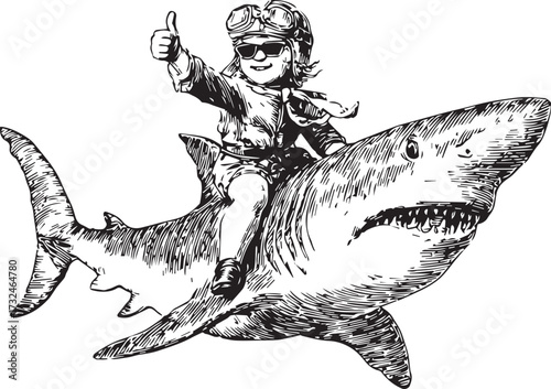 baby riding on the back of a shark, giving a thumbs up. vector line art, letterpress in black and white ink on a plain background