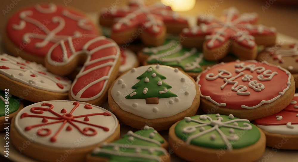 Fototapeta premium Colorful Christmas-themed sugar cookies decorated with icing in festive designs including trees, snowflakes, and stockings