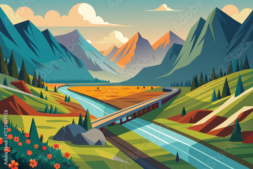 Serene mountain valley unfolds with winding river, iconic bridge, and vibrant wildflowers under a painted sky