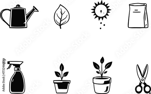 A collection of eight black and white gardening icons including plants seeds and gardening tools
