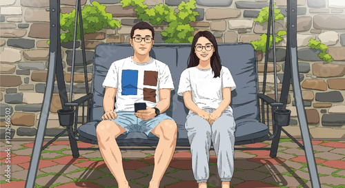 Couple on a Swing, Relaxing Together Outdoors