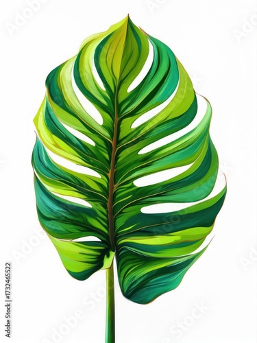 Vibrant Monstera Leaf Painting: Lush Green, Detailed Veins, White Background.