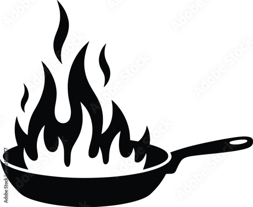 Frying Pan with Flames Cooking Fire Vector Illustration.