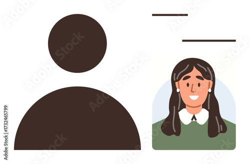 Abstract user placeholder and custom avatar with smiling woman, representing user profiles, account creation, login, personalization, identity, social media, and communication. Simple flat metaphor