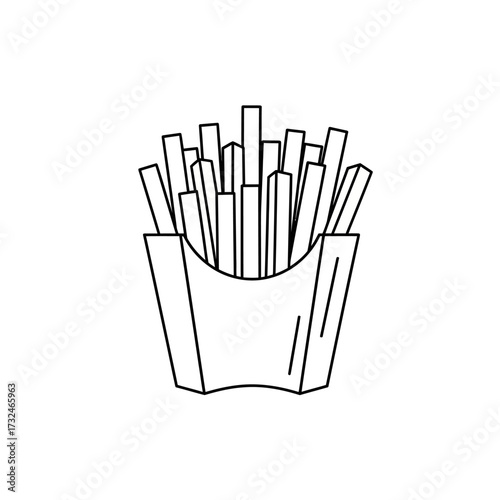 A simple black and white line art illustration of french fries in a classic fast food carton, isolated on a white background.