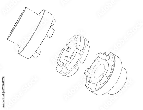 Structural Wireframe Outline Illustration of a Spline Coupling Mechanism. Detailed Exploded View Machine Part Drawing for Automotive and Manufacturing Process Design. Black and White Drafting Art.