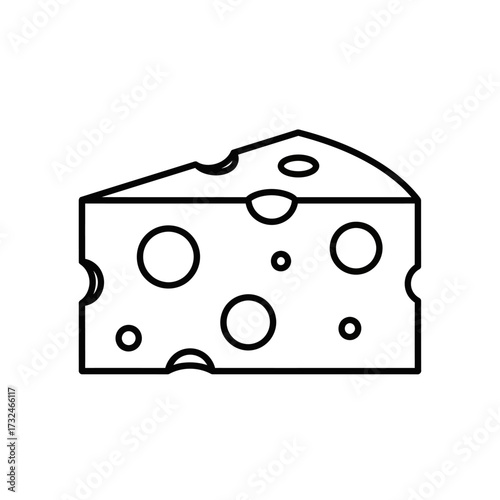 A simple black and white line drawing of a wedge of Swiss cheese with holes.
