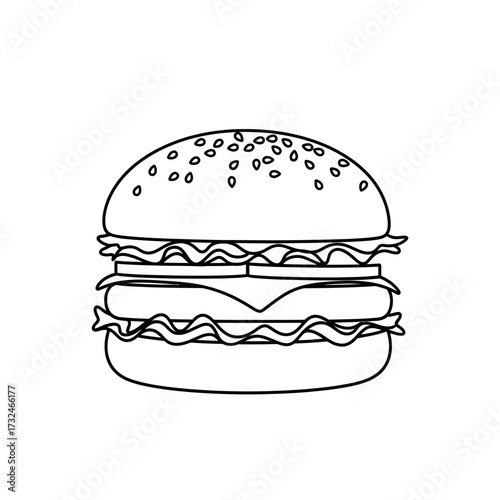 A simple black and white line art illustration of a classic hamburger with sesame seeds, cheese, and lettuce on a white background.
