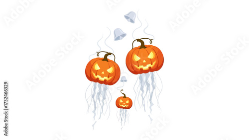 Enchanted Pumpkin Jellyfish: Whimsical Halloween illustration featuring glowing jack-o'-lanterns transformed into mesmerizing jellyfish floating in the dark, casting a spell of spooky delight.