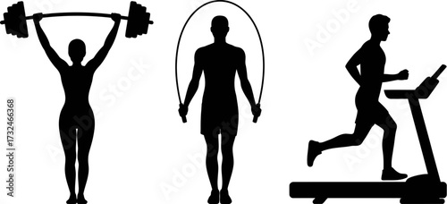 Silhouettes of people performing exercises: weightlifting, jumping rope, and running on a treadmill.