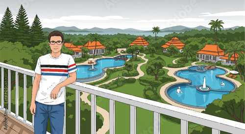 Man Enjoys Serene Resort View Tropical Escape in Paradise