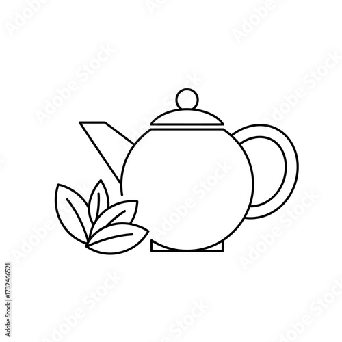 A simple black and white line art icon of a round teapot with fresh tea leaves, isolated on a white background.