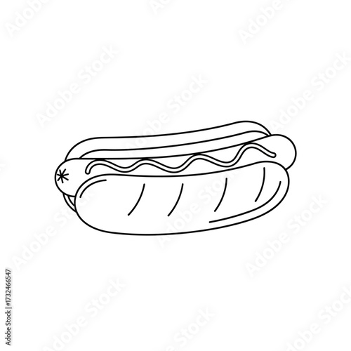 A simple black and white line drawing of a hot dog with mustard in a bun.