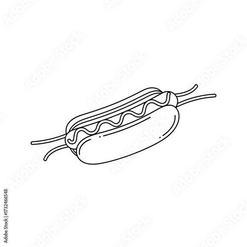 Line art illustration of a hot dog with mustard and two skewers.