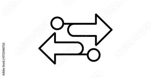 Black outline icon of two opposing arrows with circular nodes, symbolizing data transfer, synchronization, and bidirectional communicationP 