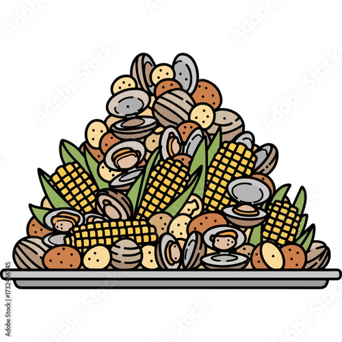 Hand drawn cartoon illustration of a seafood boil with clams, corn, and potatoes, isolated on a white background. This graphic is ideal for a restaurant menu or culinary event poster.