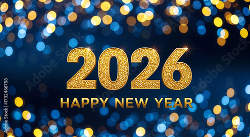 Glittery Gold 2026 Text with HAPPY NEW YEAR Message on Dark Blue Background with Blue and Gold Bokeh Lights
