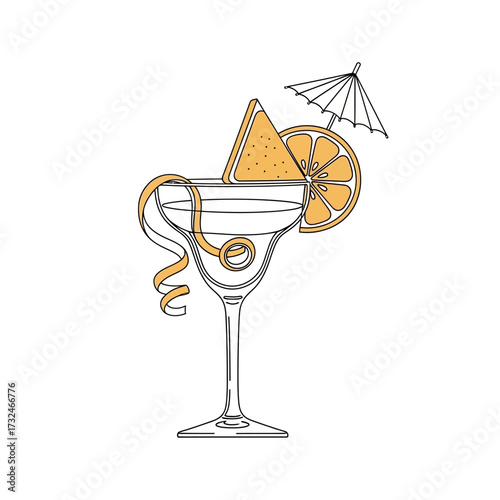 A stylized illustration of a margarita cocktail garnished with an orange slice, a triangular wedge of orange, a citrus peel twist, and a small paper umbrella.