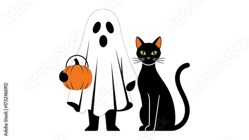 Spooky Halloween Trio: A whimsical Halloween illustration featuring a charming ghost and a sleek black cat, holding a pumpkin basket. Perfect for festive designs.