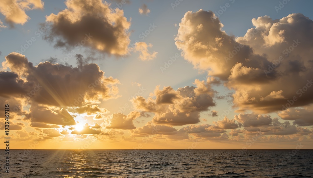 Fototapeta premium Serene sunset over the ocean with fluffy clouds and golden rays 