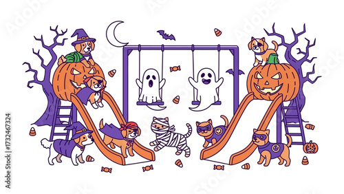 Halloween Playground: Playful pups and spooky spirits come together on a Halloween playground scene, crafted with bright colors and festive decorations. 