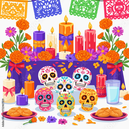 Mexico's Dia de los Muertos Ofrenda A Vibrant Day of the Dead Culture, Tradition, and Festival Display with Marigold Flowers and Calavera Skulls, evoking the spirit of Catrina