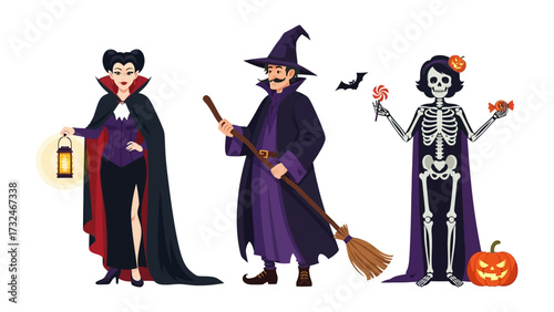 Halloween Trio: A witch, vampire and skeleton are ready to celebrate Halloween. Each figure embodies the magic of Halloween. They are symbols of spookiness and wonder.