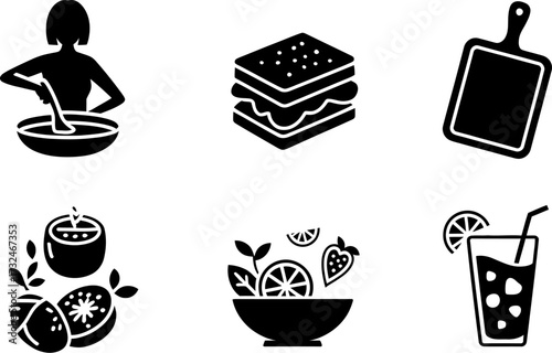 A collection of simple icons representing food and drink preparation and consumption.