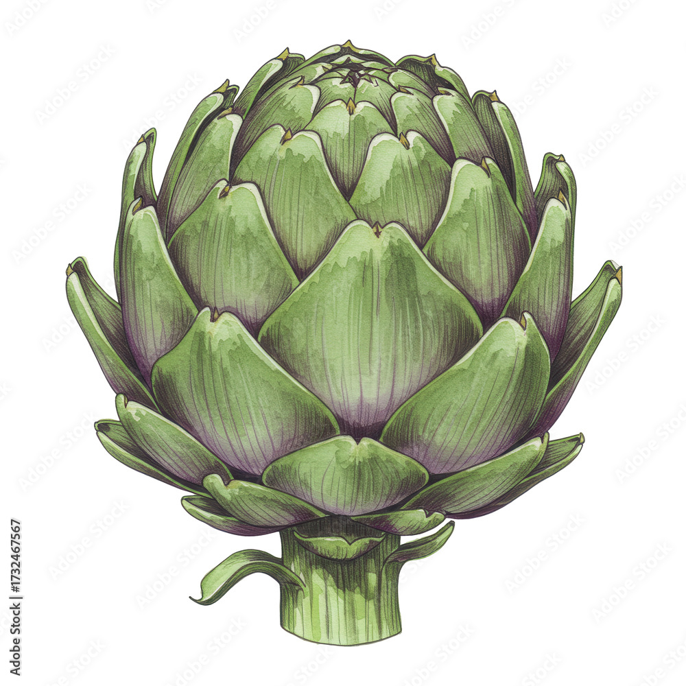 Obraz premium Detailed watercolor illustration of a fresh, green artichoke with purple accents isolated on white background