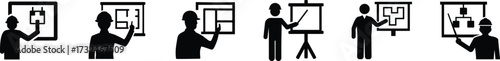 Engineer explaining drainage plan using whiteboard silhouettes vector
