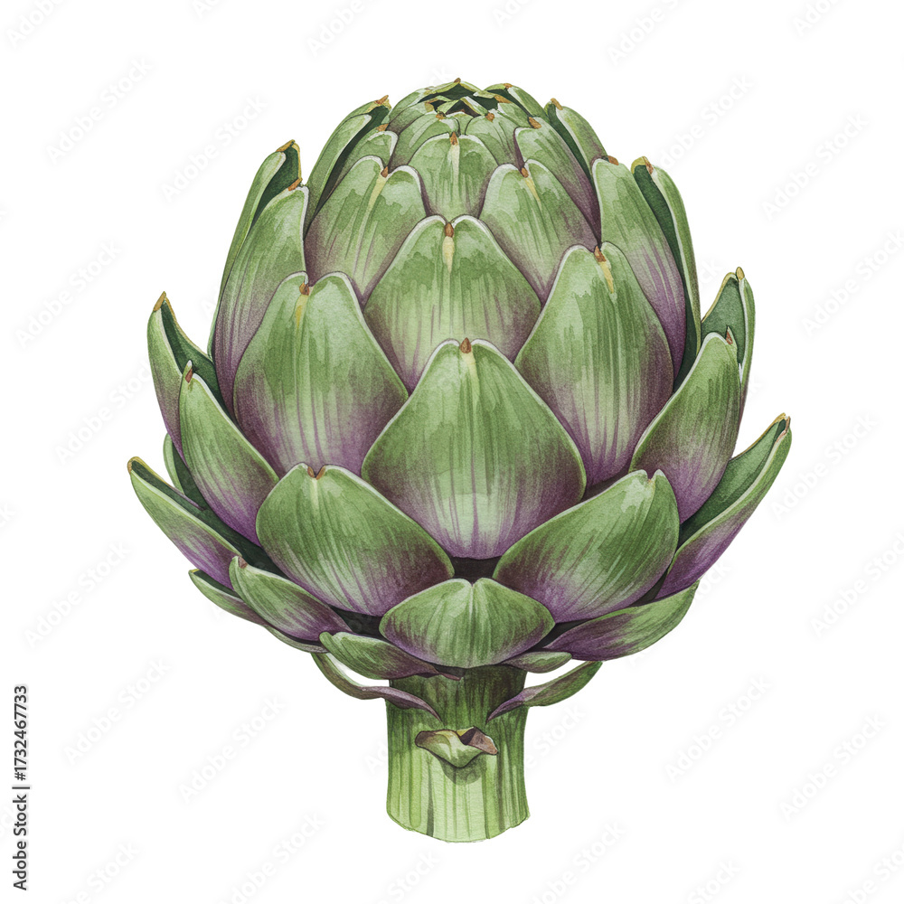 Obraz premium Detailed watercolor artichoke depicting green and purple leafy layers isolated on white background