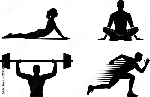 Silhouettes of people engaged in various fitness activities like yoga, weightlifting, and running.