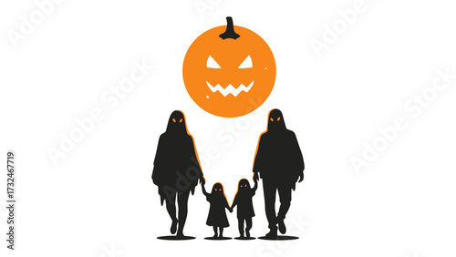 Spooky Halloween Family Silhouette: An enigmatic silhouette of a family, embracing the spooky Halloween spirit under a carved pumpkin, evoking the mystery and magic of the season. 