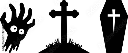 A zombie hand, a cross on a grave, and a coffin symbolize death and Halloween.