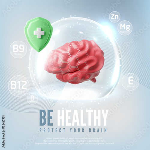 3D brain with protective, shining dome, with hexagonal pattern, vitamin icons and green shield.
