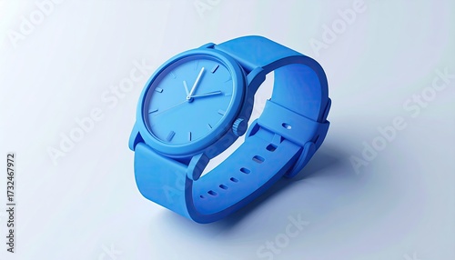 A monochromatic blue wristwatch with a minimalist design, featuring a round face, simple hands, and a solid-colored silicone strap, is presented against a light blue background