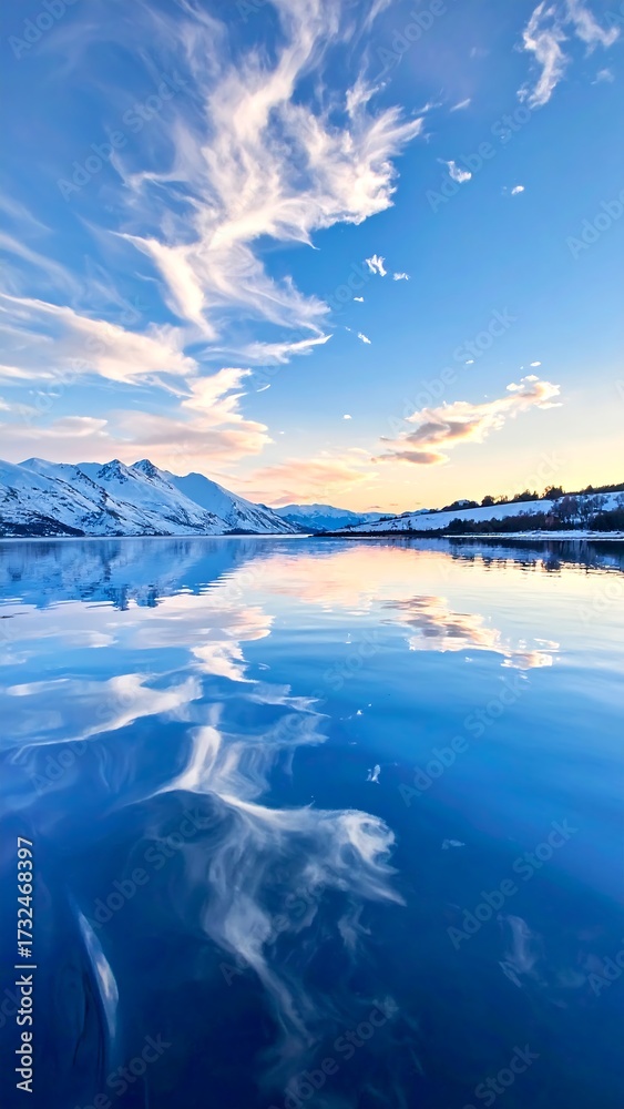 Fototapeta premium Calm winter lake reflecting a vibrant sky