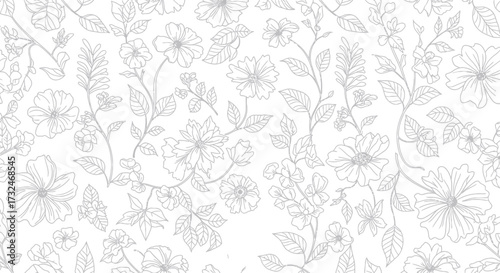 Floral pattern grey outline flowers and leaves on white