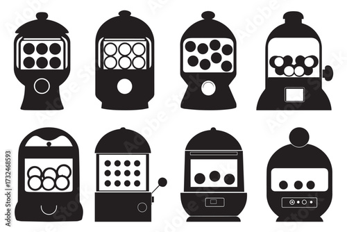 Gumball Machine Flat Icon Set – Candy Dispenser Vector Design. Candy Machine Vector Icons.