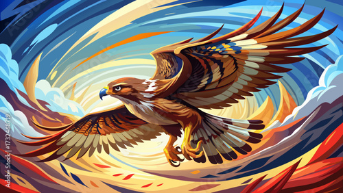Showcase the buzzard spiraling into boundless sky, realism merging with impressionist hues, wings radiant with color, movement, freedom, strength, vision, beauty, persistence, and artistry.