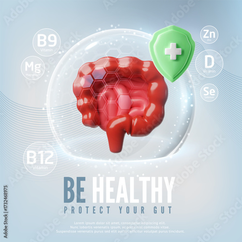 3D poster with gastrointestinal tract icon in protective dome, with vitamins and green shield.