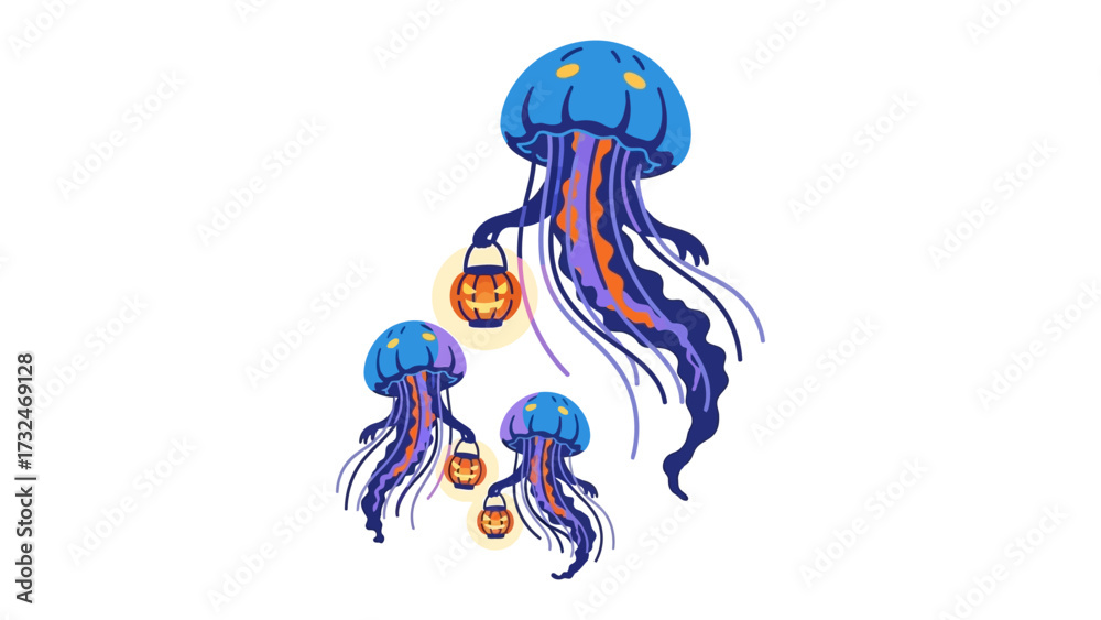 Fototapeta premium Halloween Jellyfish with Pumpkin Lanterns: A whimsical depiction of colorful jellyfish, each carrying a carved pumpkin lantern, floating serenely in an ethereal underwater realm.