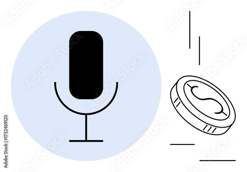 Microphone amplifies communication, while coin highlights finance and digital economy. Ideal for technology, economy, innovation, podcasts, audio services, content creation, simple flat metaphor